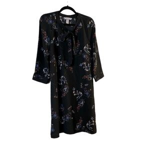 H&M Black / Floral Long Sleeve High Neck Demure Ruffle Midi Dress